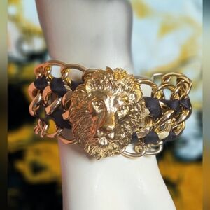 Gold Lion Head Chain Bracelet Statement Chunky Adjustable